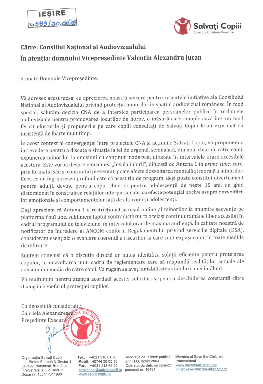 Advocacy pentru protecția copiilor - reclasificarea emisiunii „Insula iubirii”.