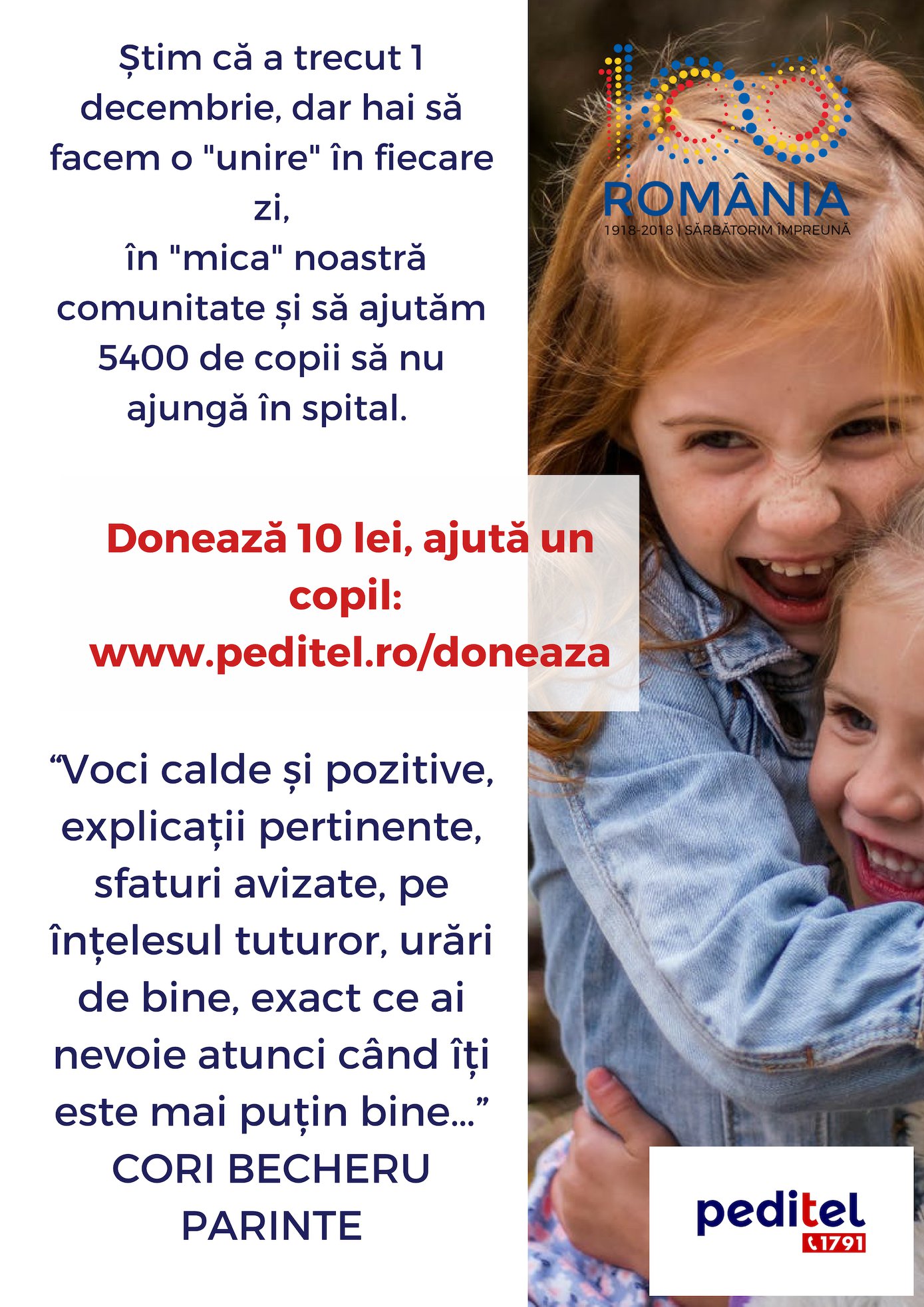 PEDITEL 1791. TEHNOLOGIA SALVEAZA VIETI. Program national de asistenta medicala pediatrica, non stop, gratuit prin telefon