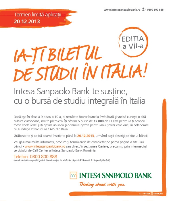 Intesa Sanpaolo Bank ofera liceenilor romani burse de 12.000 euro in Italia pentru al VII-a an consecutiv