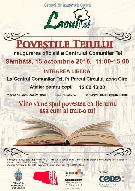 Grupul de Iniţiativă Civică Lacul Tei lansează Centrului Comunitar și „Poveştile Teiului”