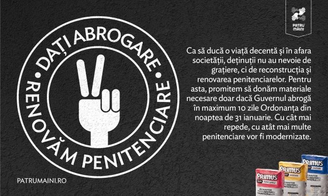 Dați abrogare, renovăm penitenciare! – o inițiativă de susținere a deblocării situației actuale, realizată de Patru Mâini