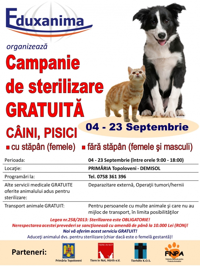 Organizaţia EDUXANIMA şi FNPA organizează o campanie de sterilizare gratuită în Argeş