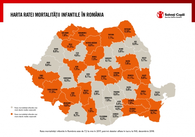 Harta mortalității infantile: sunt județe unde rata mortalității la copiii sub un an e de aproape trei ori mai mare decât în altele