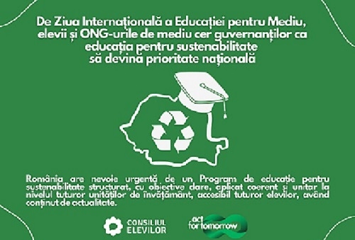 De Ziua Internațională a Educației pentru Mediu, elevii și ONG-urile de mediu cer guvernanților ca educația pentru sustenabilitate să devină prioritate națională