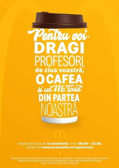 McDonald’s sărbătorește Ziua Internațională a Profesorului cu cafea și un sandviș din partea casei