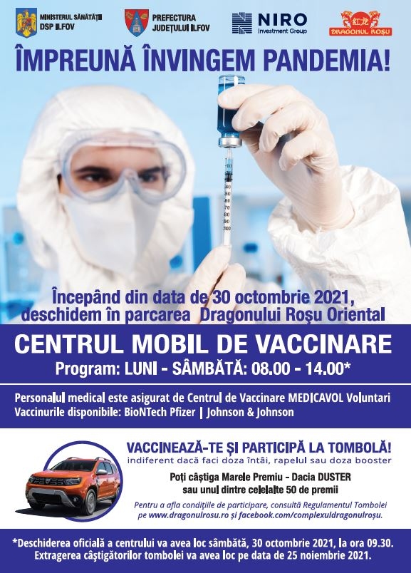 Dragonul Roșu deschide un nou punct de vaccinare în parcarea centrului comercial. Cei care se vor vaccina pot participa la  Tombola Dragonul Roșu