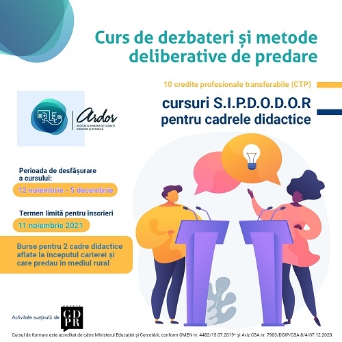 ARDOR oferă două burse pentru cursul despre dezbateri și metode deliberative de predare adresat cadrelor didactice