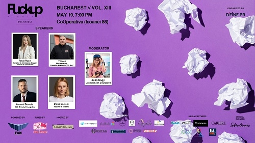 Titi Aur, pilot de raliuri, Armand Domuță, CEO Restart Energy One, Diana Oncioiu, reporter, jurnalist independent, Paula Rusu, jurnalist și blogger, vin la Fuckup Nights Bucharest pentru a vorbi despre eșec, cum l-au depășit și ce au învățat Fuckup Nights