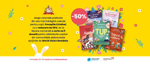 De Paște, Curtea Veche Publishing, alături de autorii de literatură pentru copii, Alex și Cristina Donovici, și cu sprijinul World Vision România, doneză cărți pentru copiii din mediile defavorizate