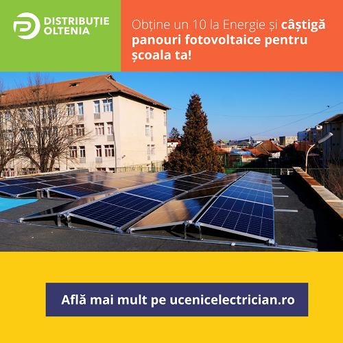 Distribuție Oltenia premiază o școală din aria de operare cu panouri fotovoltaice, prin competiția 10 la Energie. Înscrierile sunt deschise până pe 30 aprilie
