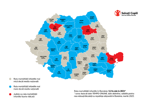 Harta mortalității infantile:  Disparități mari între județe; în rural, rata mortalității infantile e sensibil mai mare