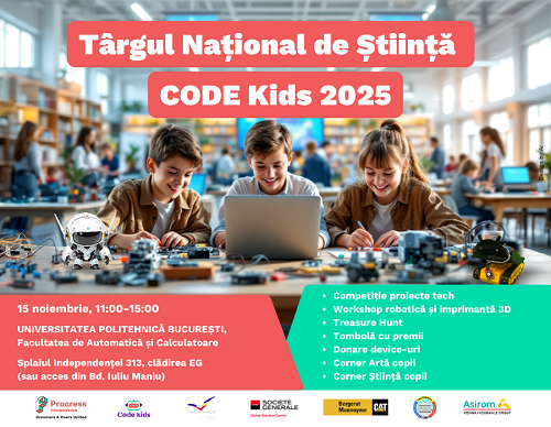 Fundația Progress invită părinții și copii pasionați de știință și robotică în 15 noiembrie la Târgul Național de Știință CODE Kids 2025 organizat la Politehnică