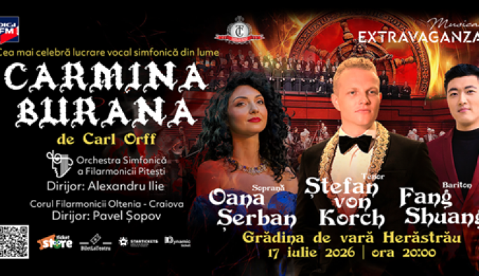 CARMINA BURANA  - premieră în aer liber, cu tenorul ŞTEFAN von KORCH pe scenă, pe 17 iulie la Grădina de Vară  Herăstrău din Bucureşti